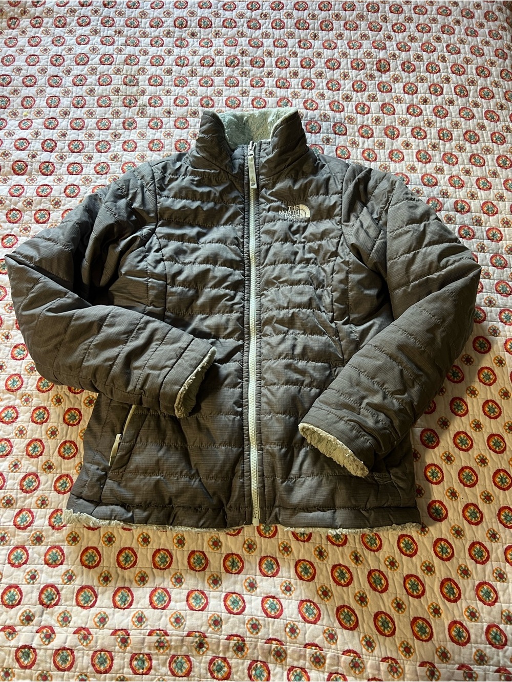 The North Face Youth size large 14/16 Reversible Gray Teal Fleece Jacket